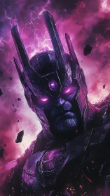 Armored cosmic warlord portrait glows in violet lightning