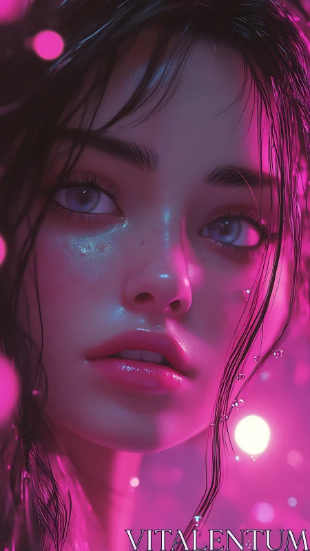 Neon soaked gaze of a dreamlike girl in shimmering pink haze.