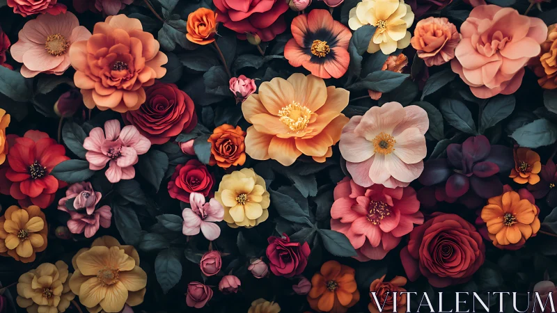 Garden's Theatrical Performance: Blooms Dance Against Obsidian Canvas