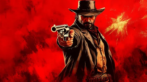 Gunslinger in scarlet backdrop with cinematic cel-shaded detail.