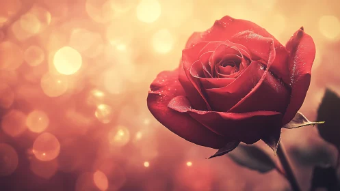 Red rose bloom with water droplets against warm bokeh background.