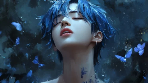 Blue haired dreamer crowned by nocturne butterflies in bloom.
