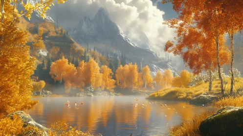 Golden autumn lake beneath soft-shouldered mountain peaks.