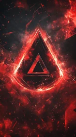 Glowing red triangular emblem on dark fractured background.