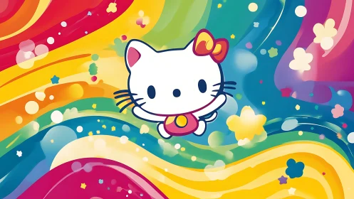 Anime character on rainbow liquid gradient with floating confetti.