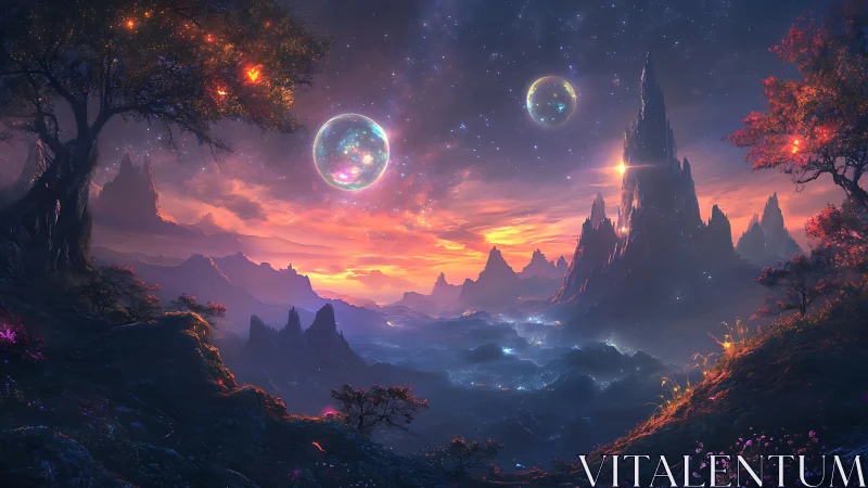 Vibrant alien landscape with twin planets over sharp peaks.