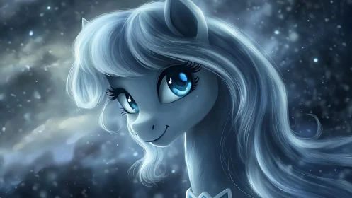 Shimmering blue-eyed pony smiles softly in a winter starlight