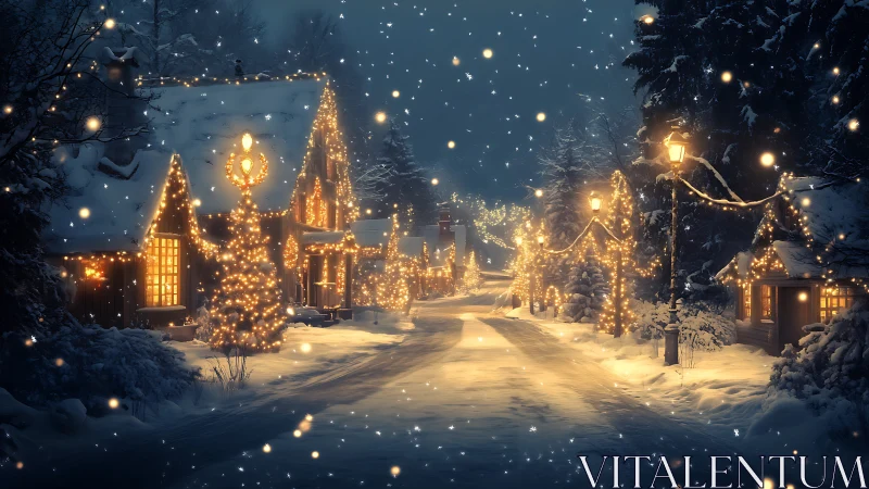 Snow-covered village street glowing with festive winter lights.
