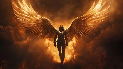 Armored seraph strides through embers with molten wings spread.