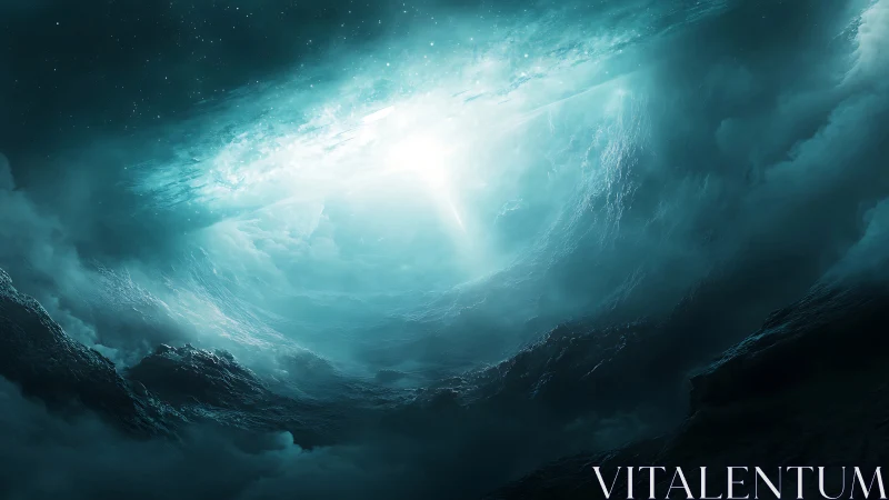 Celestial vortex opens above dark alien mountainscape.