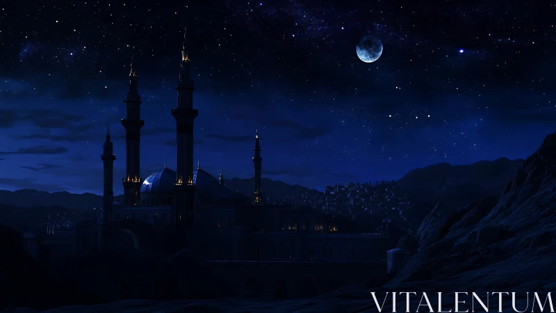 Mosque silhouette stands under dense starry midnight sky