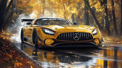 Yellow Mercedes AMG race car on wet autumn forest road.