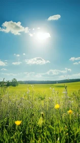 Sunny wildflower meadow under a wide, welcoming blue sky.