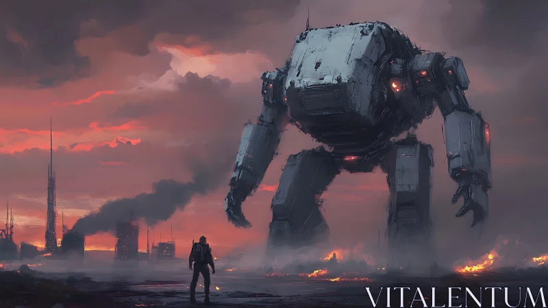 Lone explorer meets towering mech at a fiery sunset horizon.