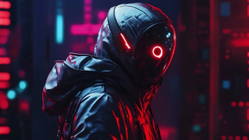 Futuristic hooded figure in glowing red cyberpunk helmet.