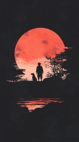 Silhouetted wanderer and dog beneath a blazing red moon.