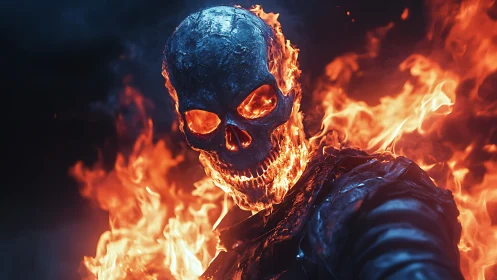 Flaming skull warrior emerges from darkness in searing fire