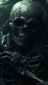 Corroded human skeleton in low-key teal cinematic lighting