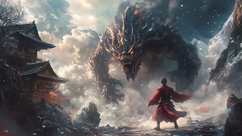 Warrior confronts colossal fire demon amid storm-lashed cliffs.