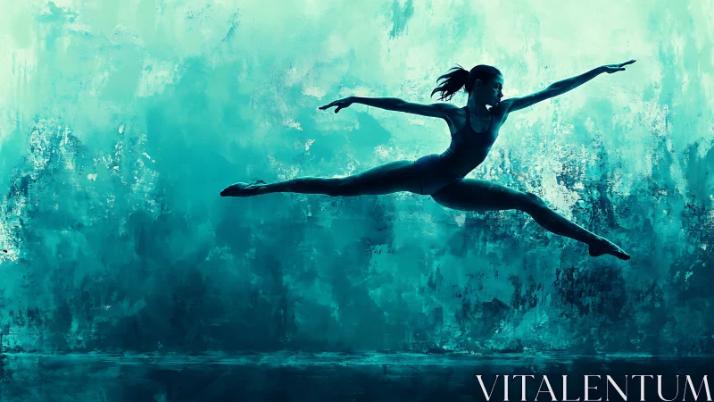 Silhouetted dancer midair leap over textured teal backdrop.