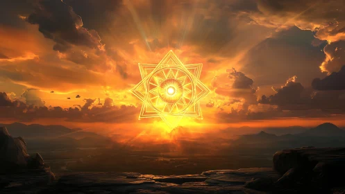 Sacred solar mandala unfolds above a storm-kissed horizon