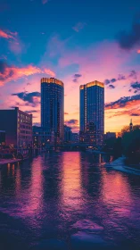 Golden city towers glowing over a peaceful sunset river.