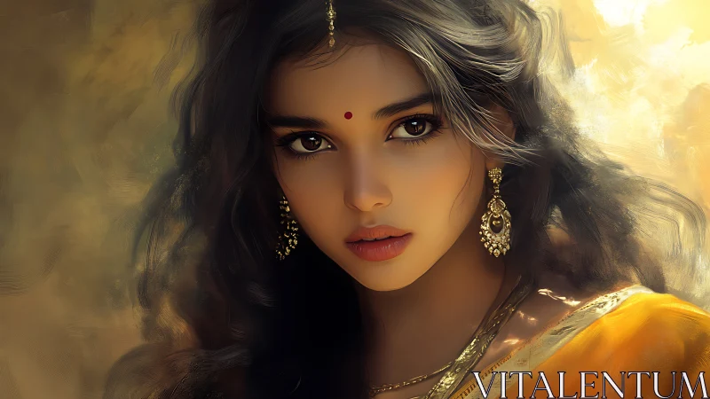 Digital portrait of Indian woman in golden light focus.