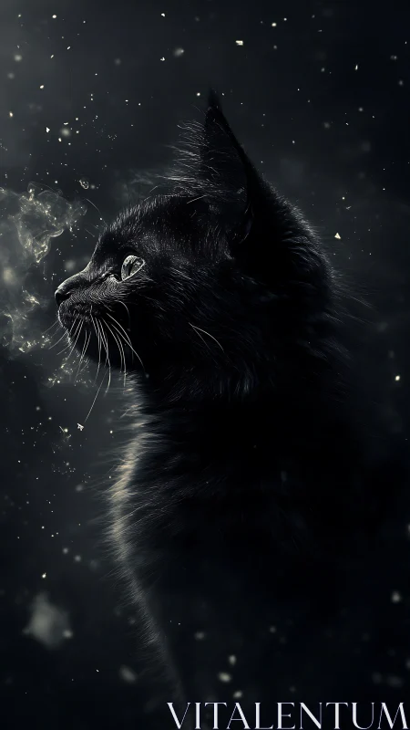 Black feline silhouette against dark background with luminous particle effects.