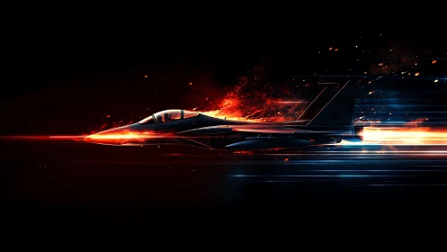 Supersonic fighter jet streaks through burning neon sky.