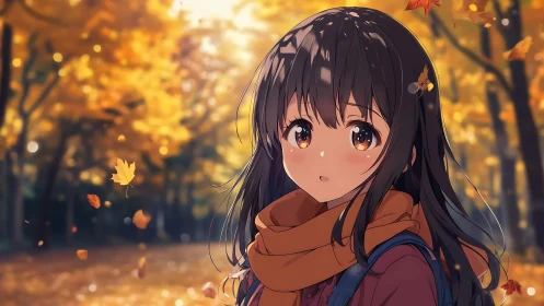 Autumn girl gazes softly as golden leaves drift around her