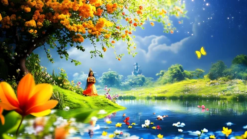 Mythic riverside meditation under flowering tree and starlit sky