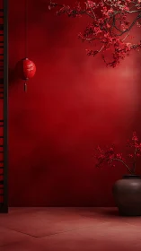 Red lantern and cherry branches frame minimal interior wall
