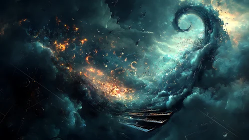 Cosmic stormwave unfurling over incandescent astral keyboard.