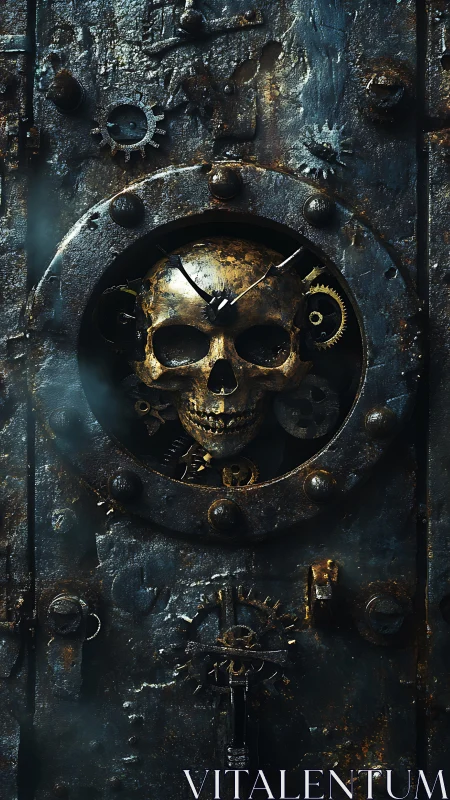 Rusty skull clock embedded in heavy metal door surface.