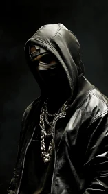 Hooded figure in black leather jacket stands in low-key lighting
