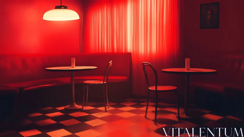 Red-lit retro diner interior with empty checker floor tables.