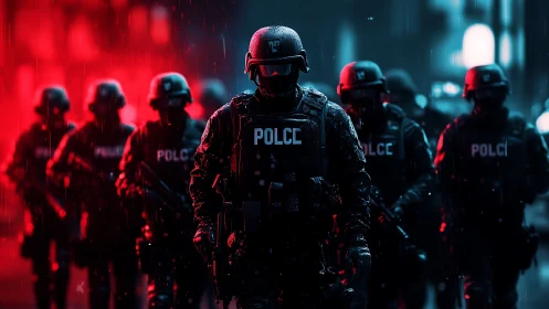 Heavily armed police squad advancing in rainy city night.