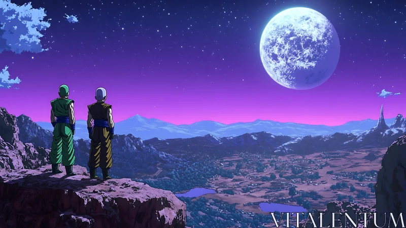 Two armored figures survey neon dusk landscape beneath full moon