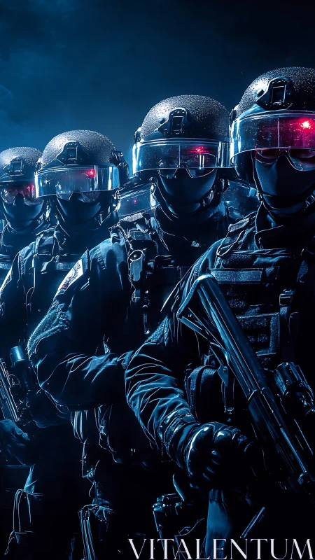 Midnight tactical squad marches through electric blue haze.
