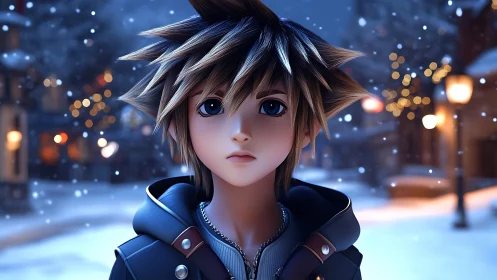 Snowlit anime boy in winter street with shallow depth of field