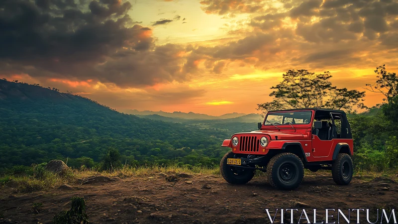 Red off-road jeep stands against expansive sunset valley vista