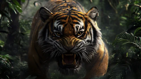 Snarling Bengal tiger rendered in hyperreal jungle chiaroscuro