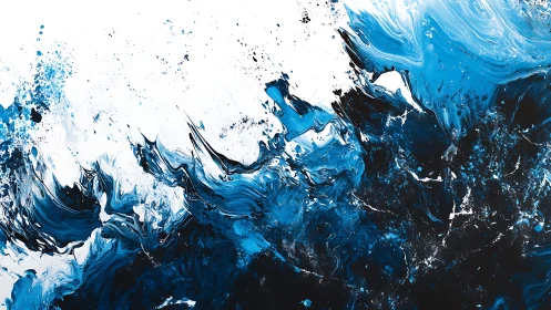 Abstract blue and black fluid art painting with dynamic brush strokes.