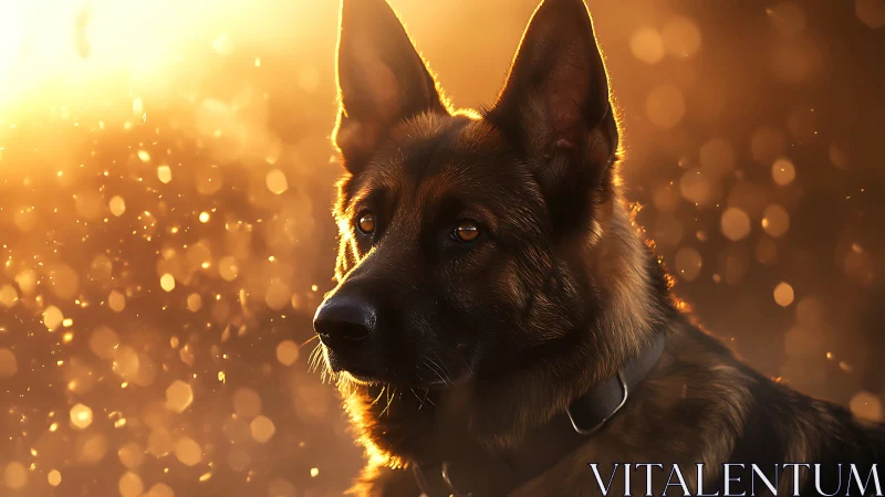 German shepherd portrait in warm sunset backlighting.