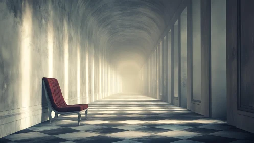 Red lounge chair sits in long sunlit corridor perspective