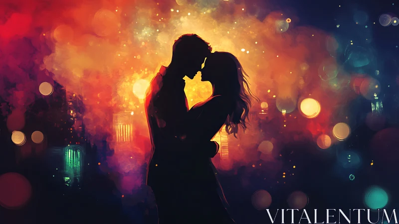Two souls share a passionate kiss amid glowing city lights