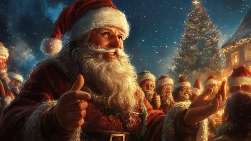 Santa Claus leads joyful Christmas gathering under starlit sky