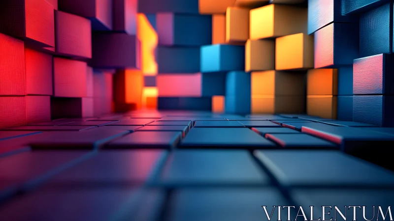 Abstract geometric corridor of colorful cubes with modern lighting.