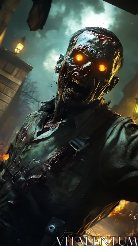 Burning street undead soldier with glowing inferno eyes.