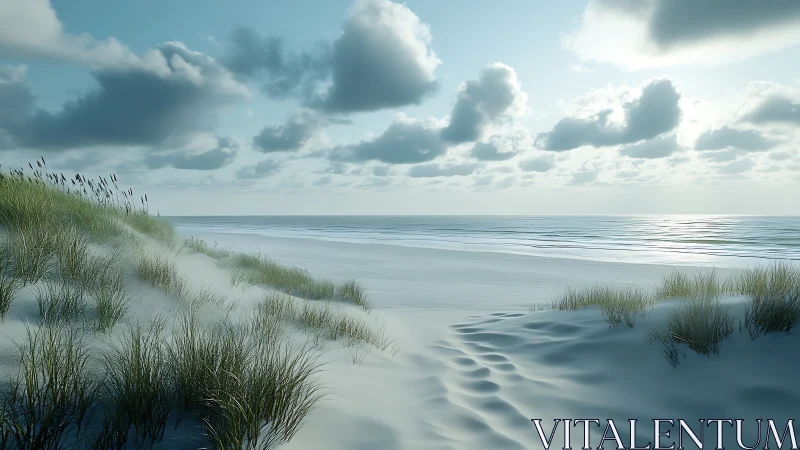Sunlit coastal dunes and rippled shoreline rendered photorealistically